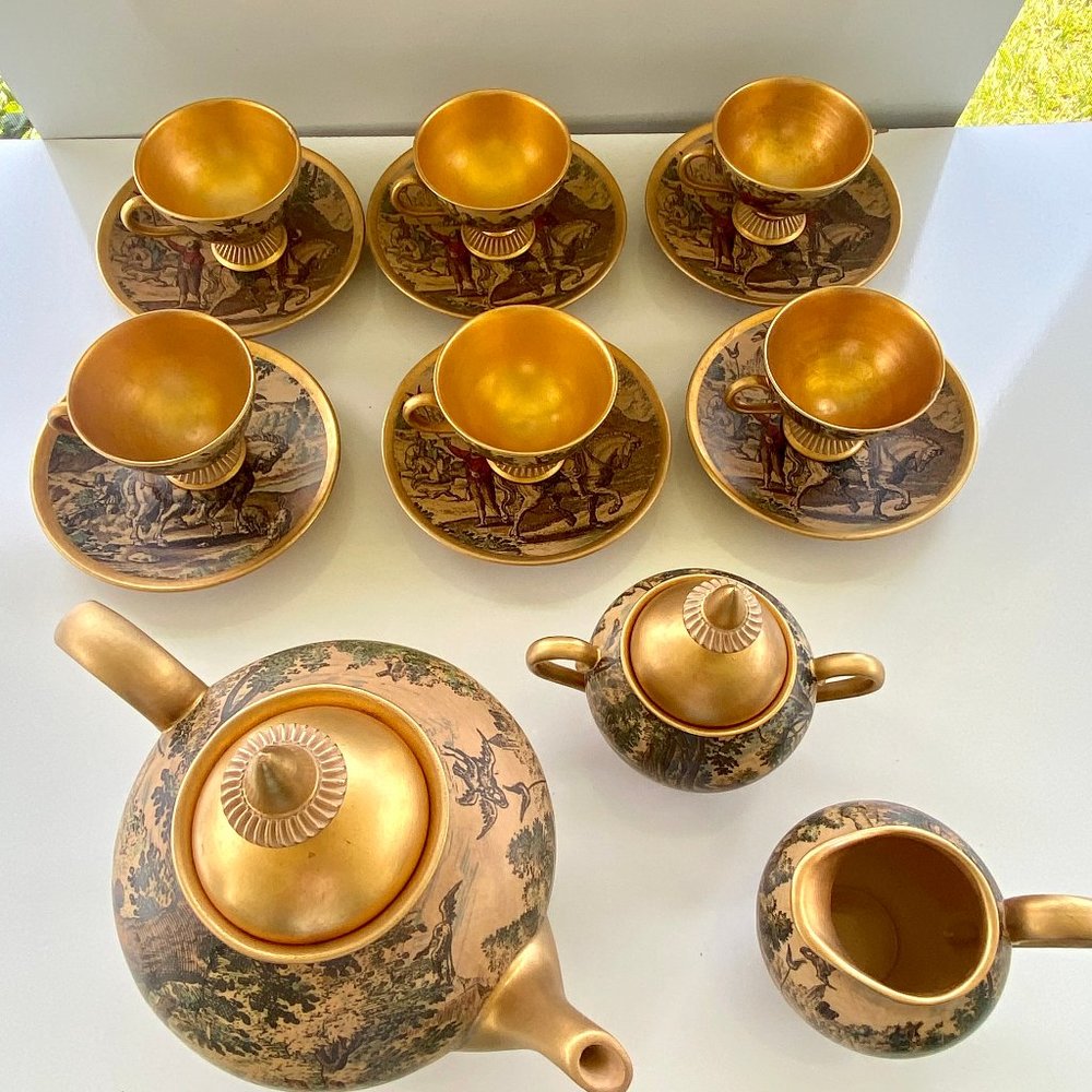 Vintage Decoro Giotto Cermiche Florentine Teapot Creamer Sugar 6 Cup Set